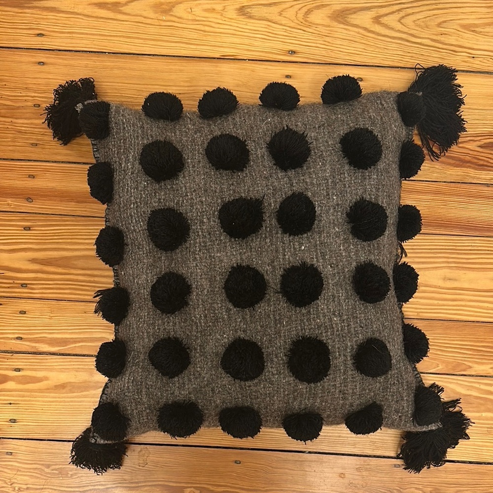 Gray Wool Pillow with Black Pom Poms